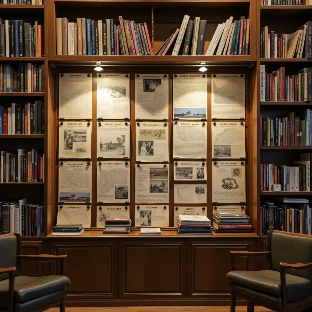 a photo of a library gallery wall with vintage postcards