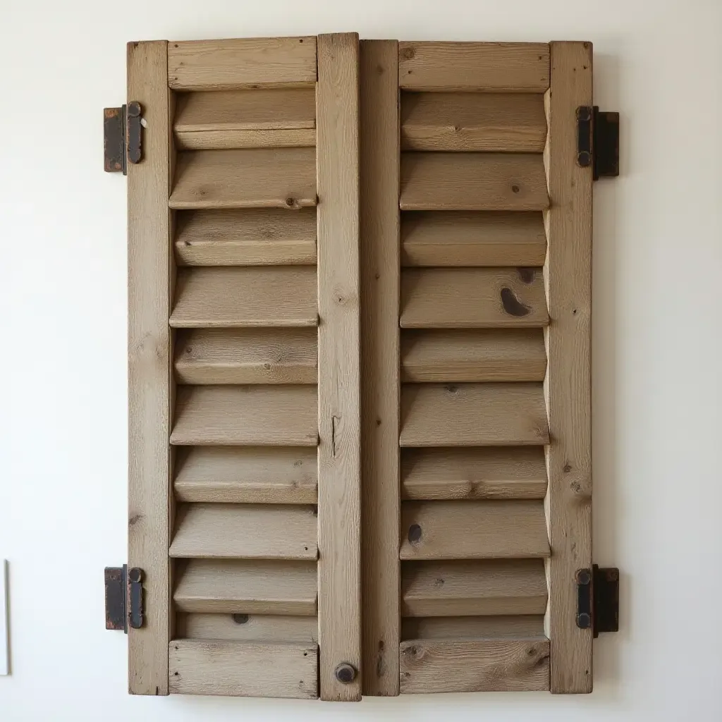 a photo of rustic wooden shutters repurposed as wall decor