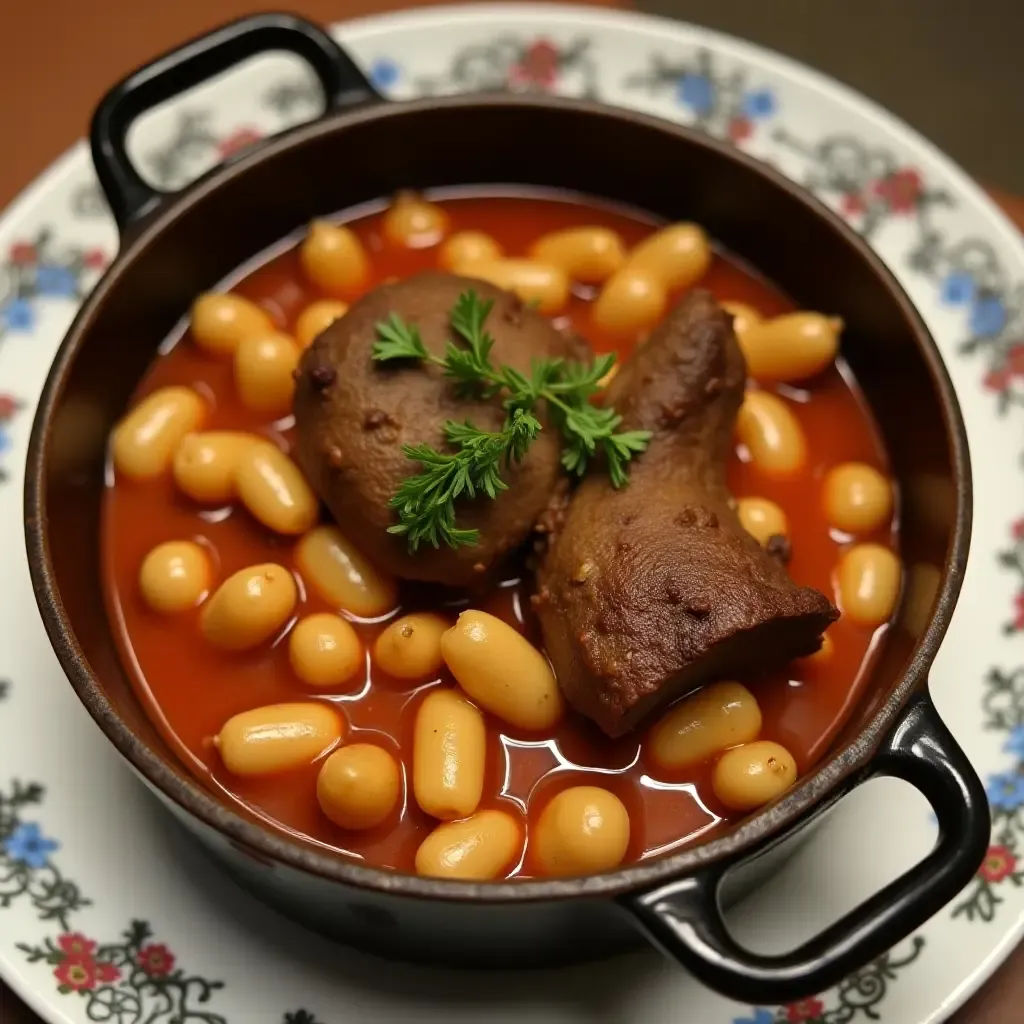 a photo of a hearty Cassoulet from Toulouse with beans and duck confit.