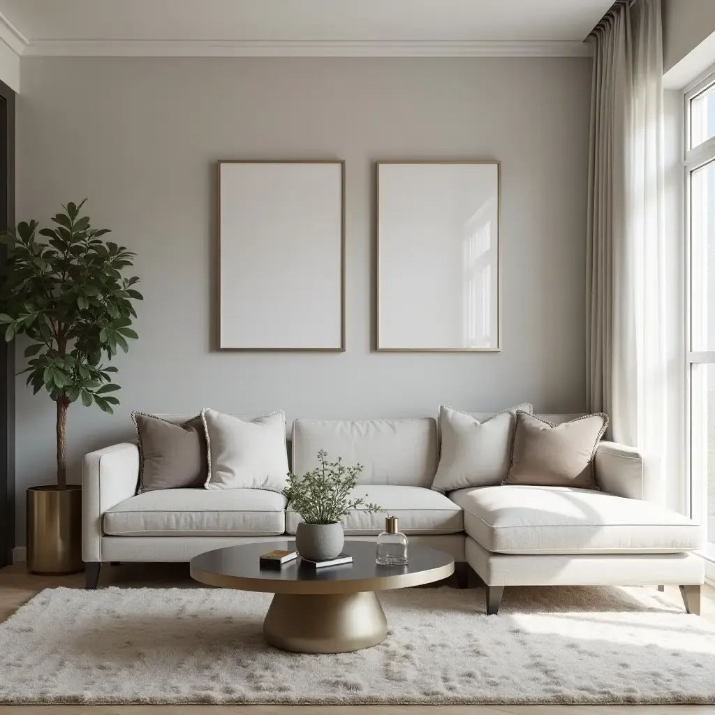 a photo of a modern living room featuring silver metallic decor elements