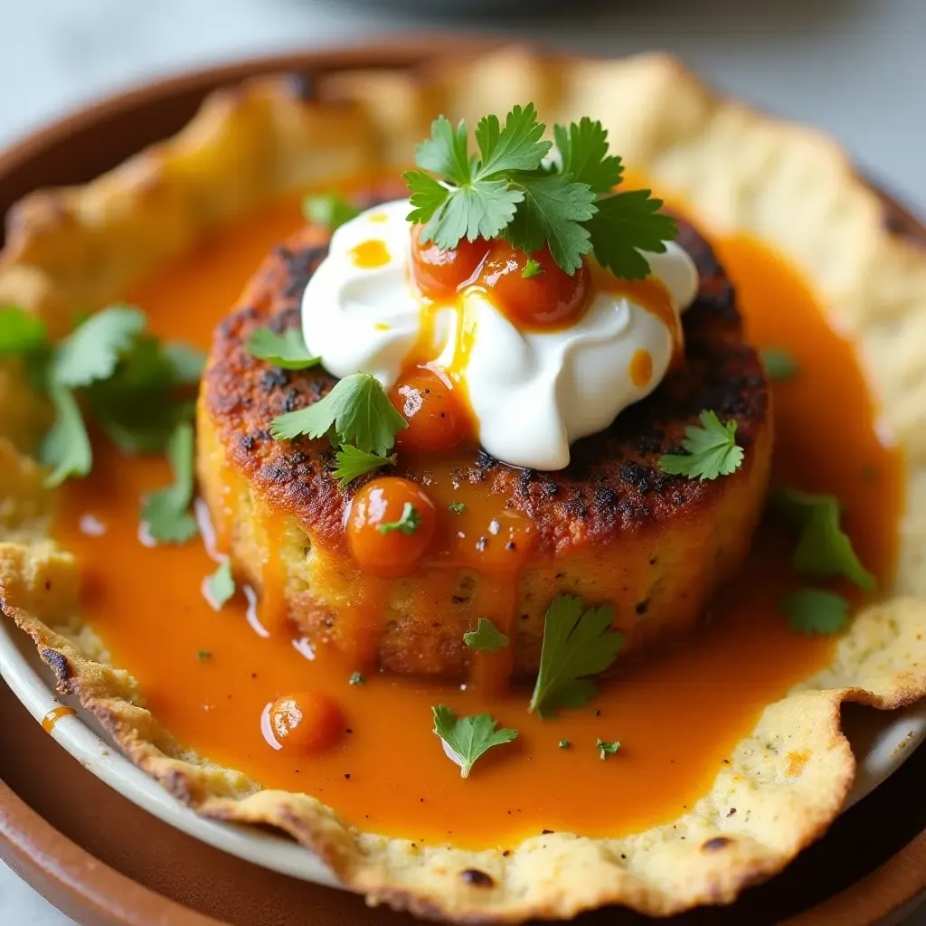 a photo of crispy Aloo Tikki, topped with yogurt, chutneys, and fresh coriander.