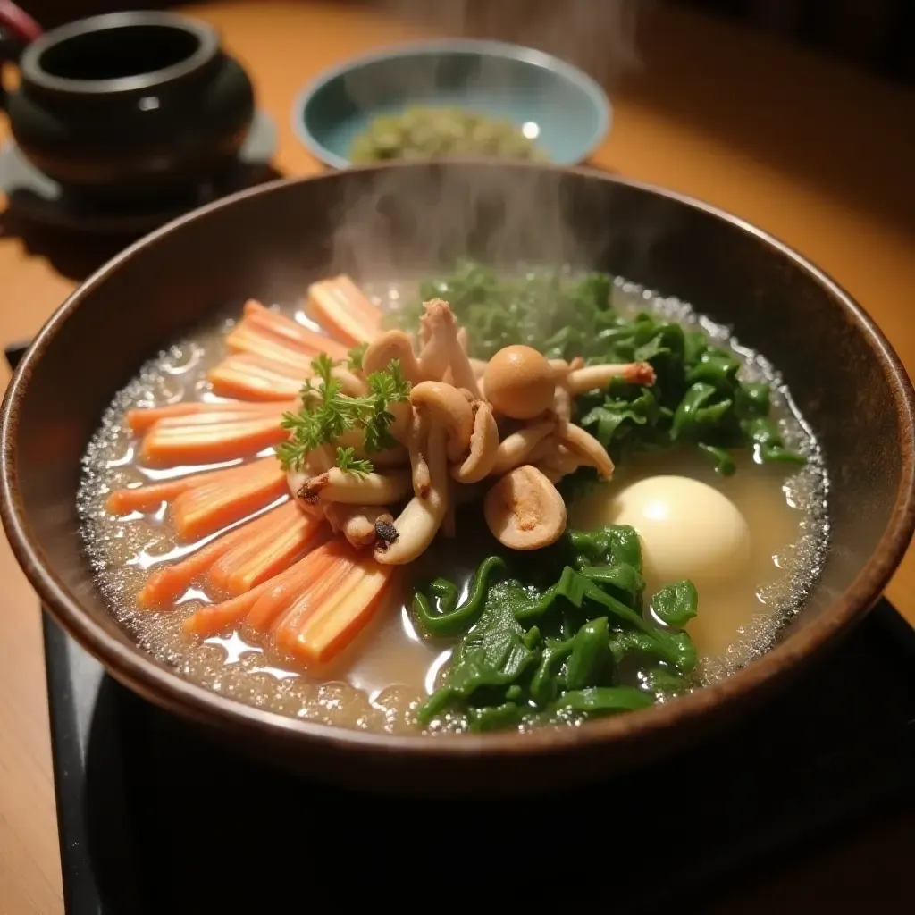 a photo of a bubbling nabe hot pot with seafood, mushrooms, and leafy greens.