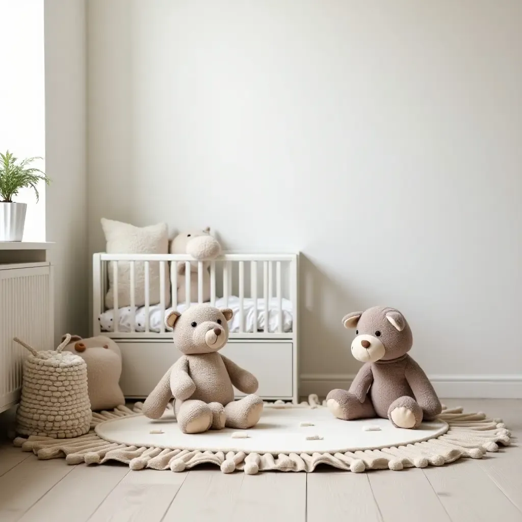 a photo of a nursery featuring a farmhouse-style play mat and soft toys