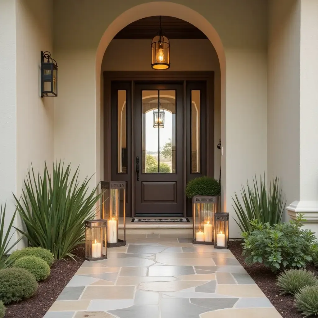 a photo of a warm entryway with a collection of farmhouse lanterns