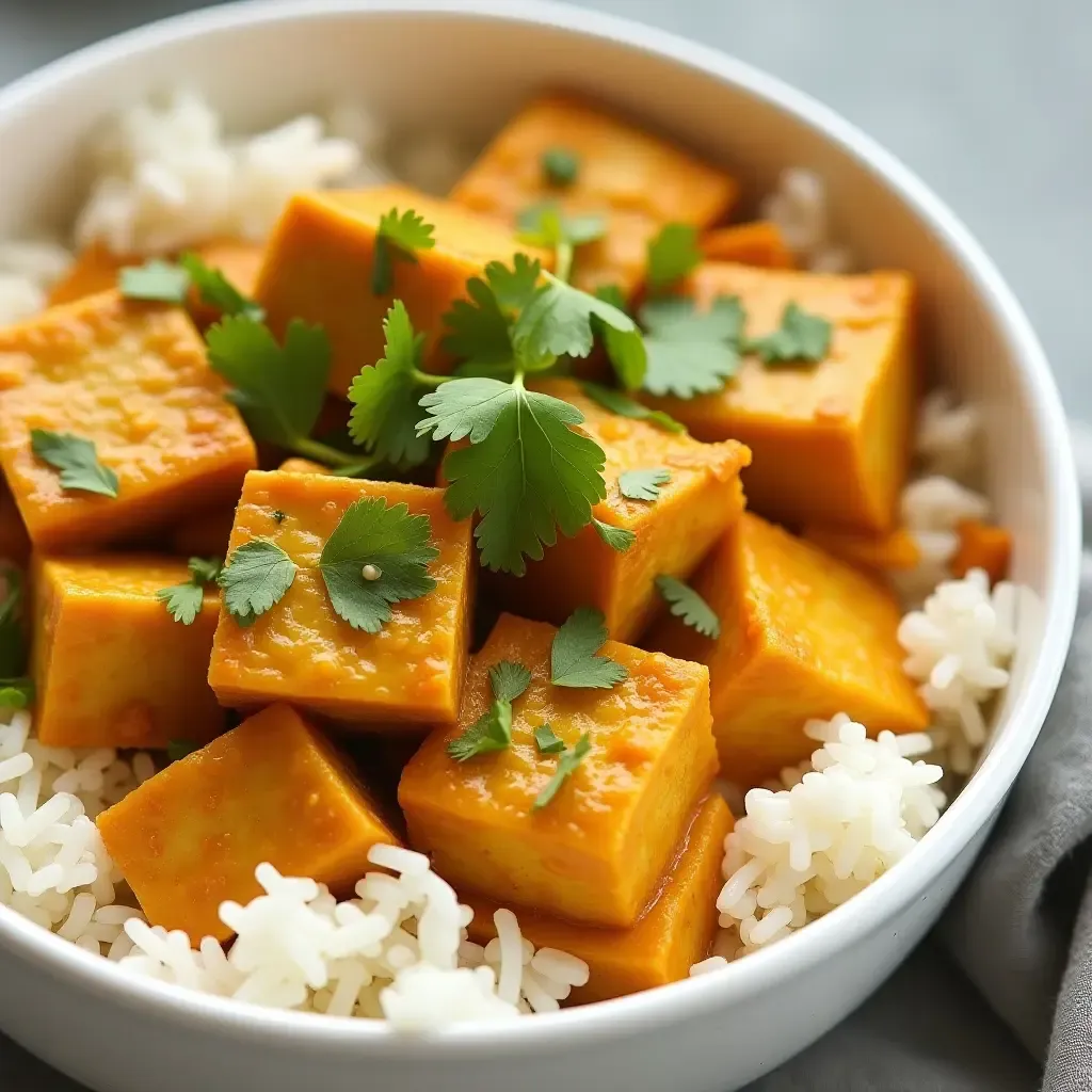 a photo of creamy tofu curry with rice and fresh herbs.