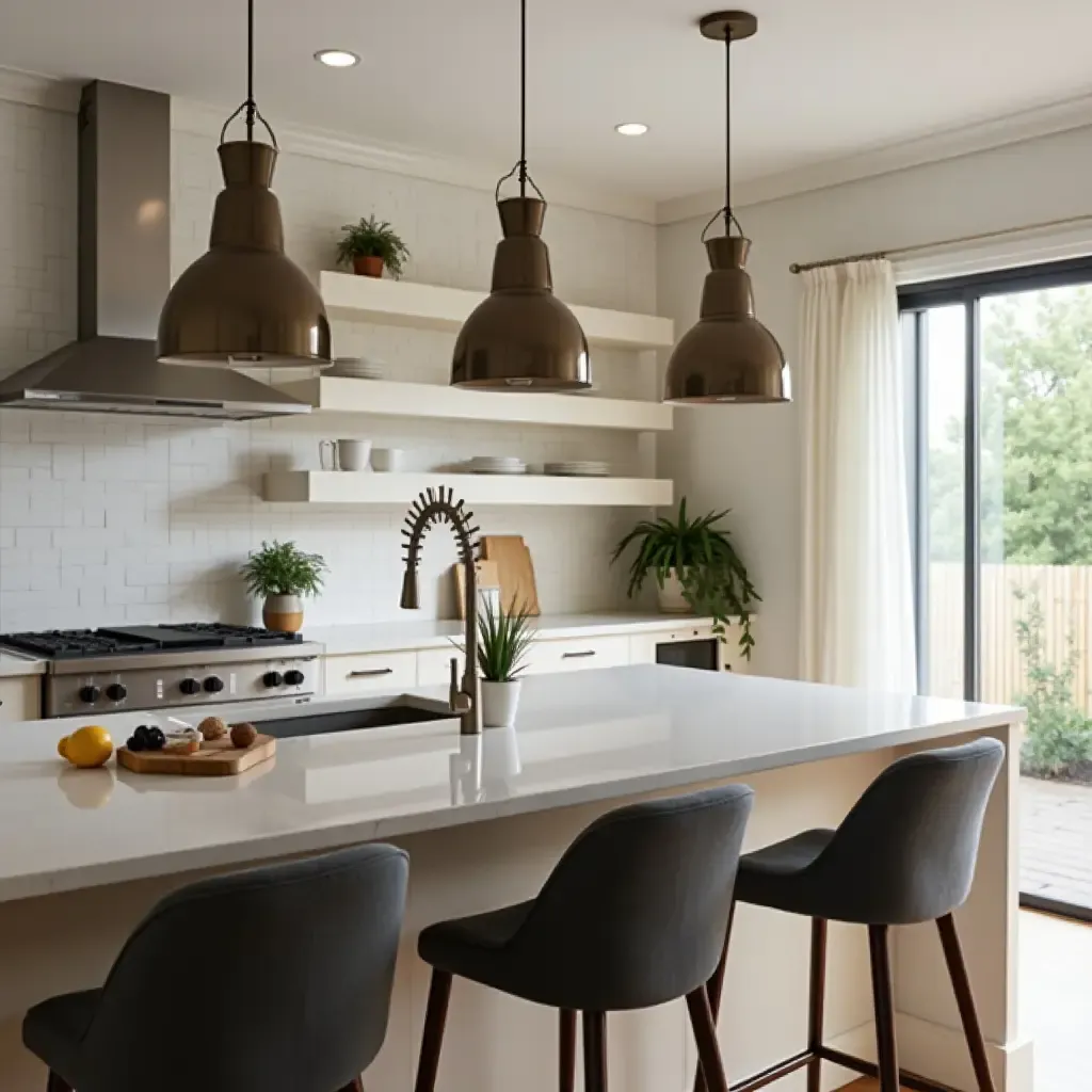 a photo of pendant lights with adjustable heights in a versatile kitchen