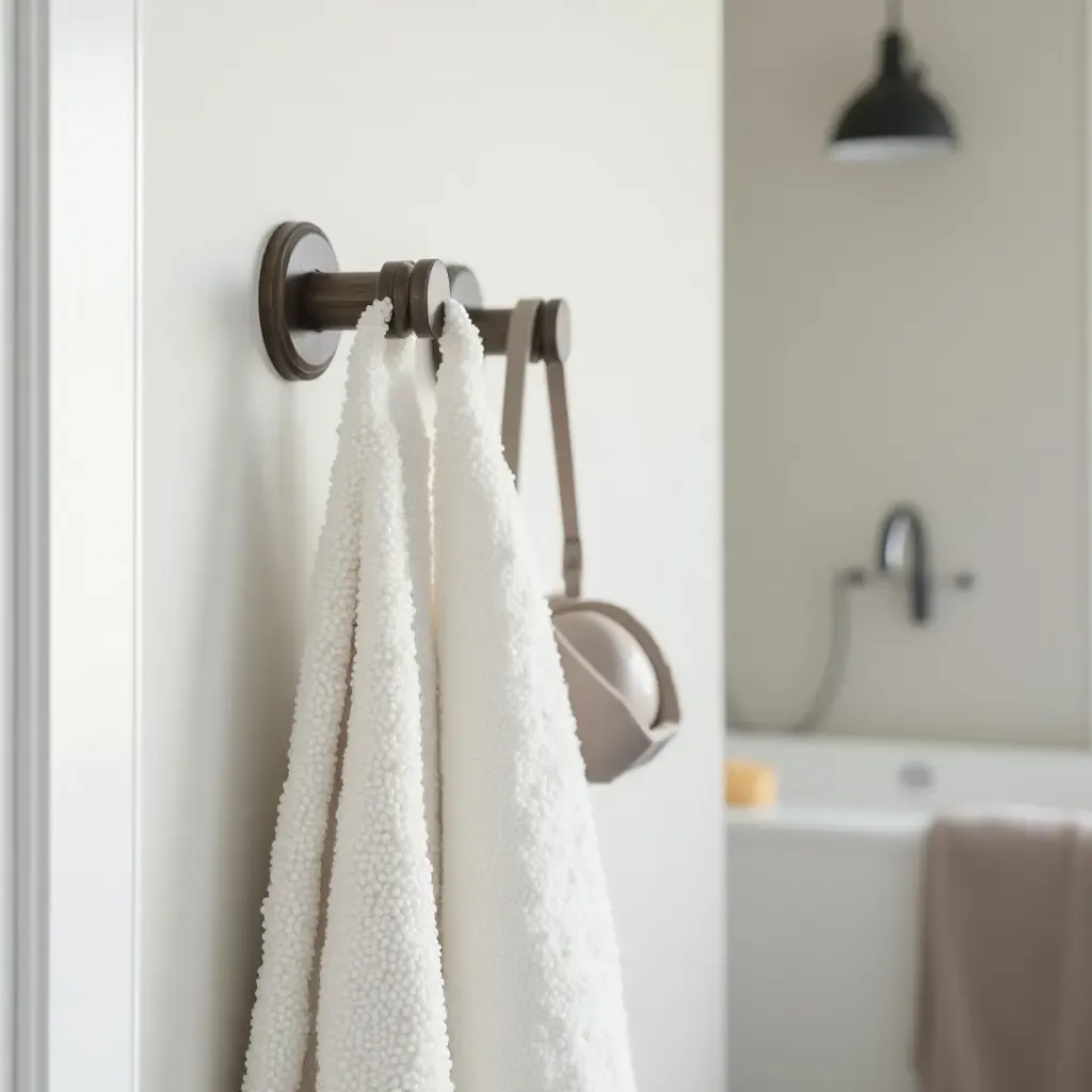 a photo of a bathroom with stylish wall hooks for accessories