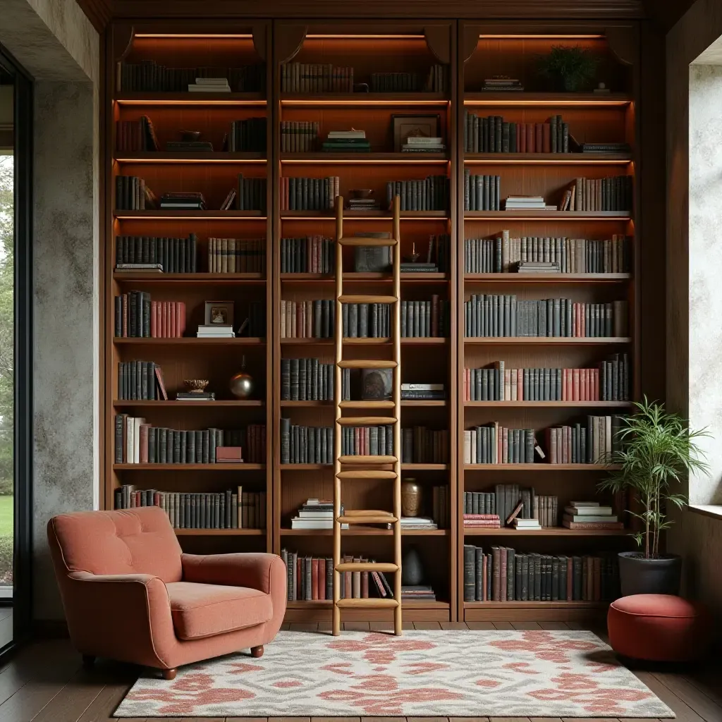 a photo of a library with a creative ladder bookshelf and cozy ambiance