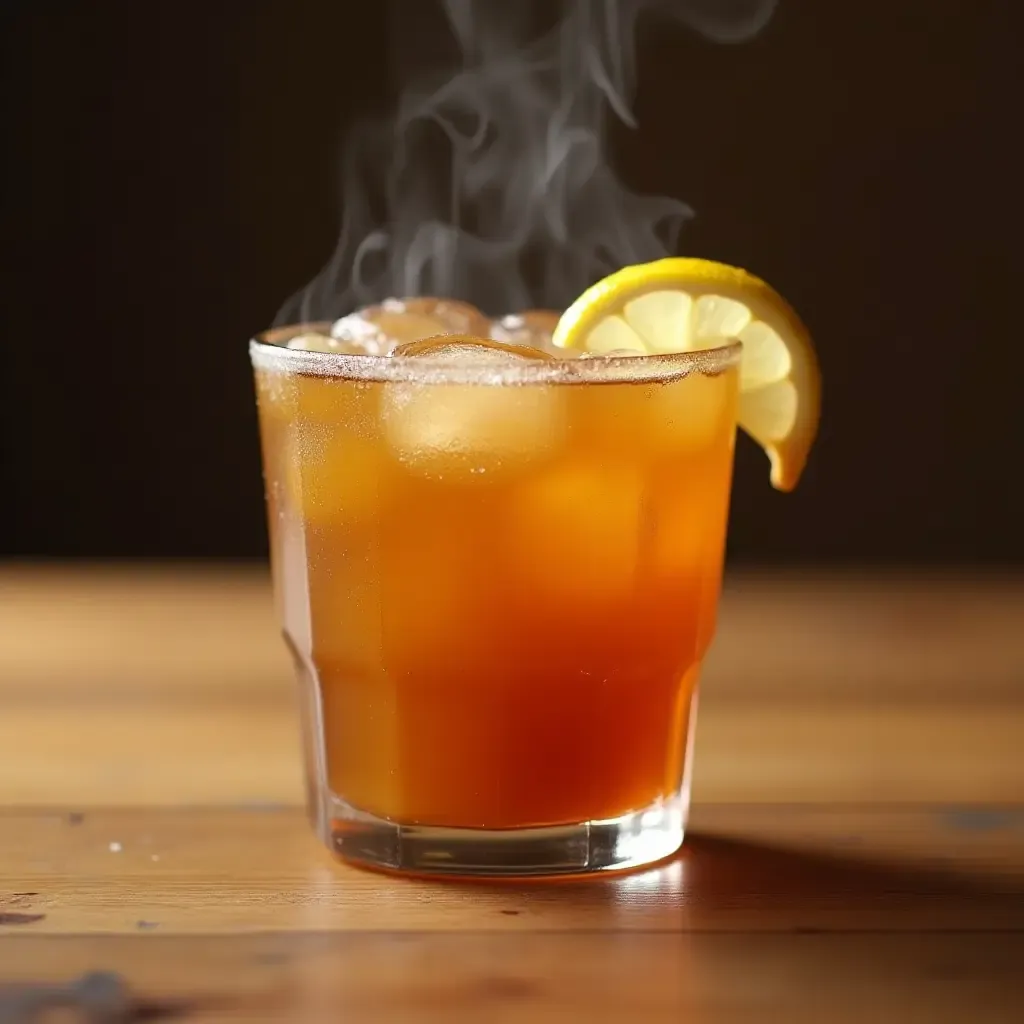 a photo of a steaming cup of café del tiempo with ice cubes and a lemon wedge.