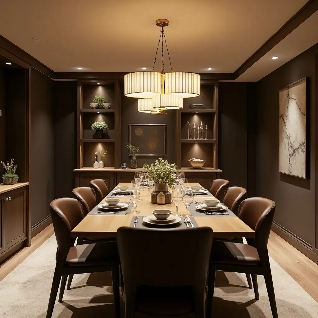 a photo of an elegant basement dining area with a beautiful table setting