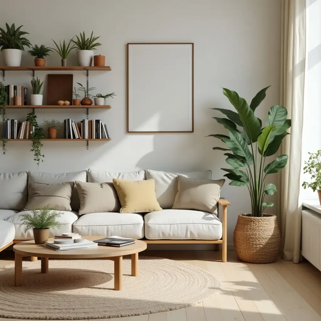 a photo of a living room with wooden shelves filled with plants and books