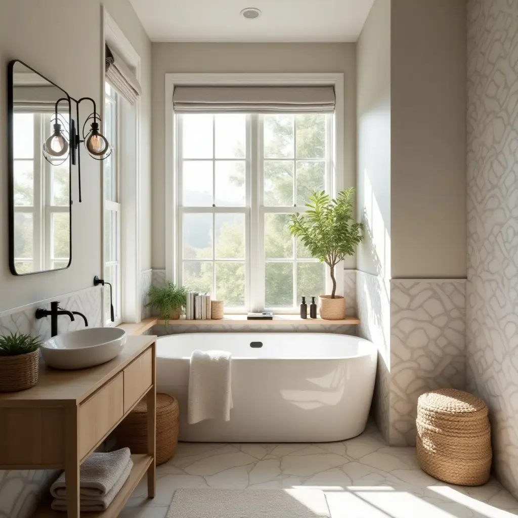 a photo of a small bathroom with a cozy reading nook and natural light