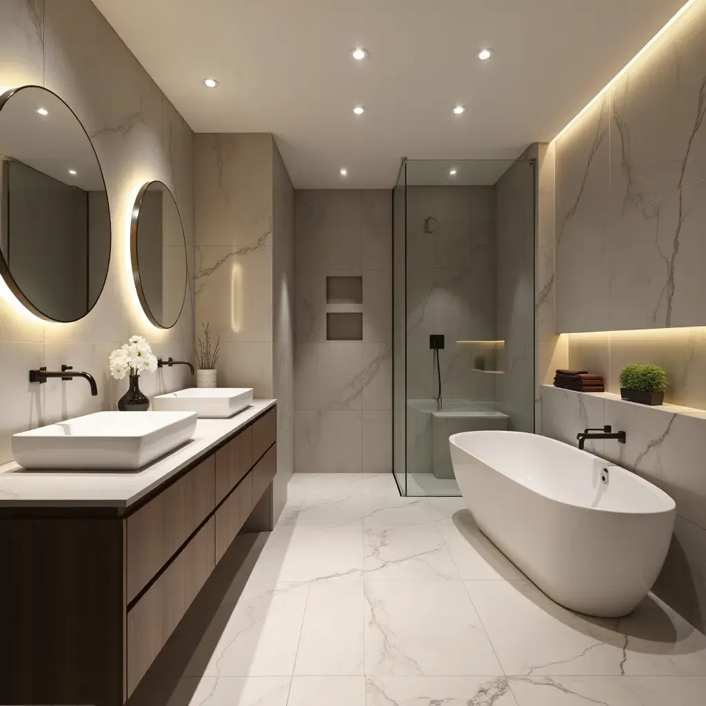 a photo of a modern basement bathroom with sleek fixtures and decor