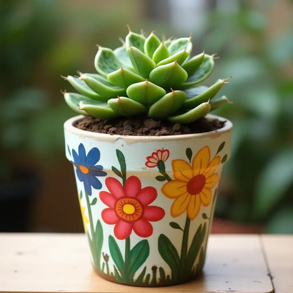 a photo of a hand-painted plant pot with vibrant flowers