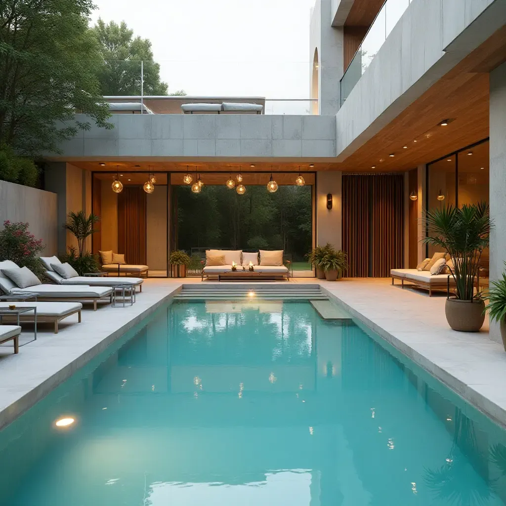 a photo of a modern poolside with gold and silver decor elements