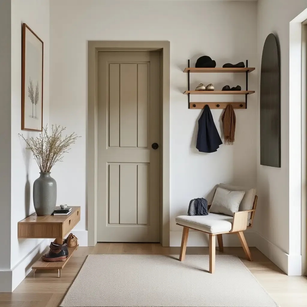 a photo of a stylish entrance hall with wall-mounted shoe racks