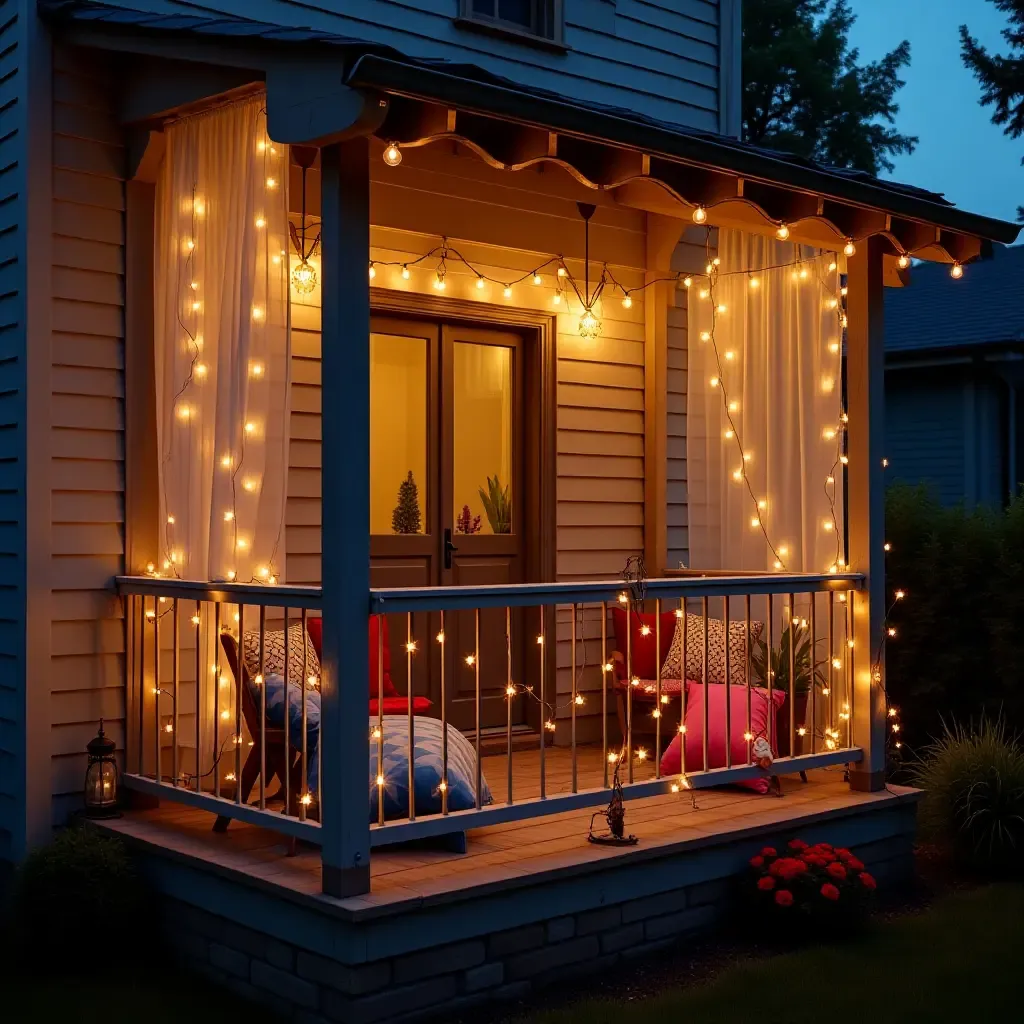 a photo of a colorful balcony adorned with cushions and fairy lights