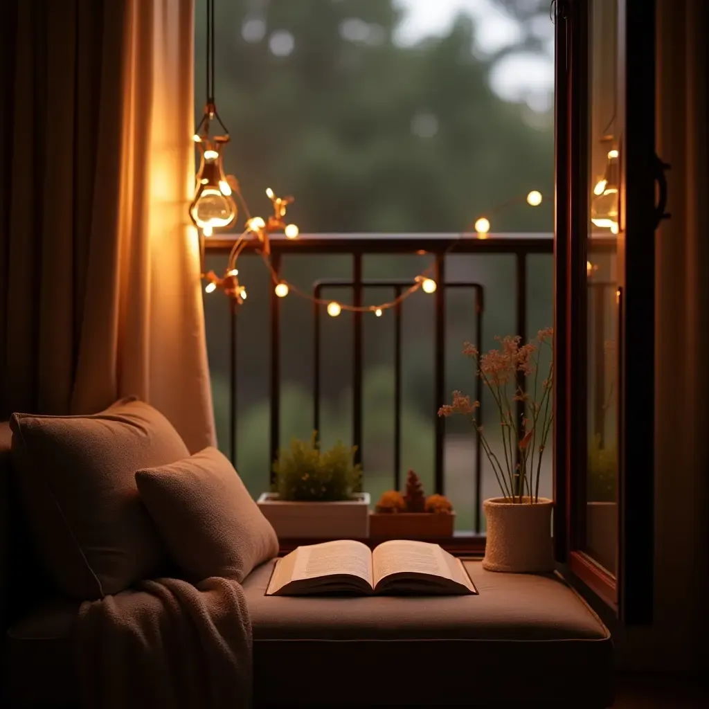 a photo of a cozy reading nook on a balcony with warm lighting