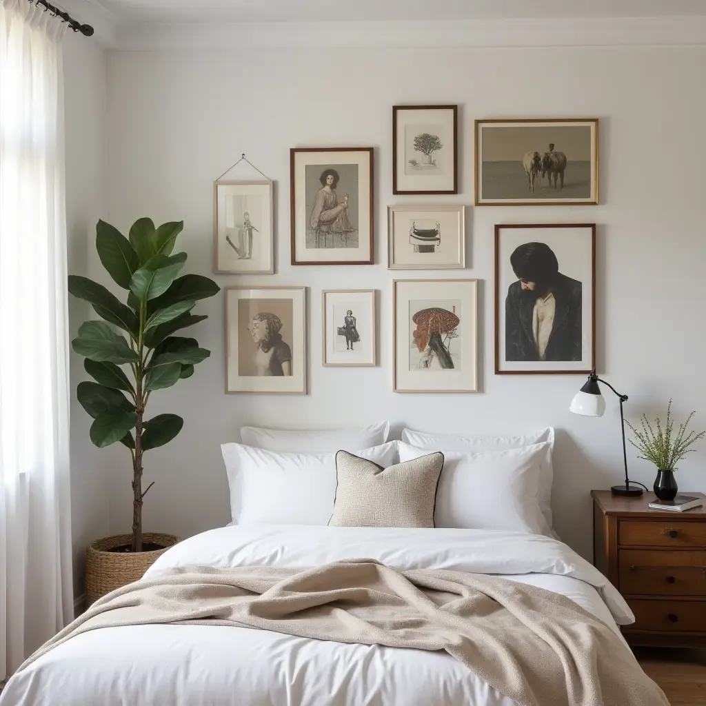 a photo of a small bedroom with a gallery wall of modern and vintage art