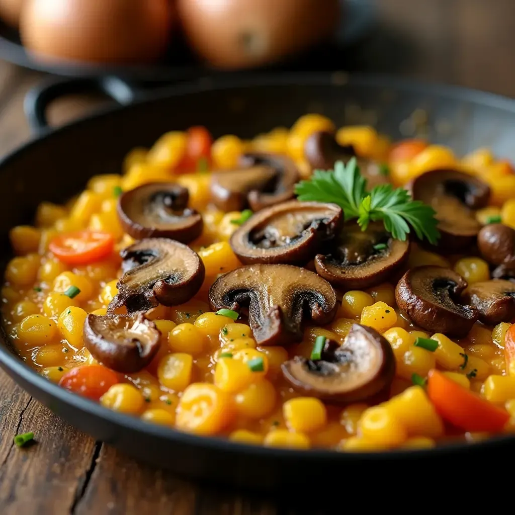 a photo of paella with truffle oil and wild mushrooms, gourmet presentation.