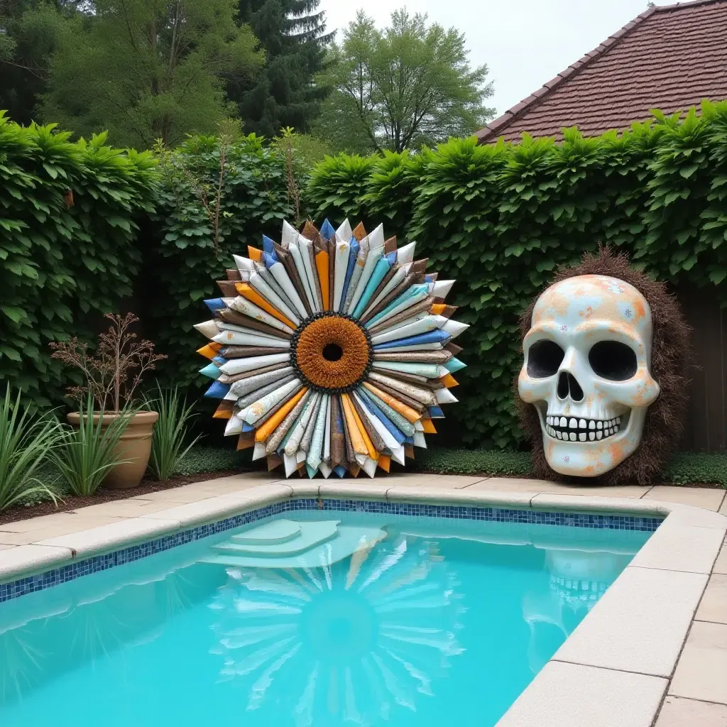 a photo of handmade poolside art made from recycled materials