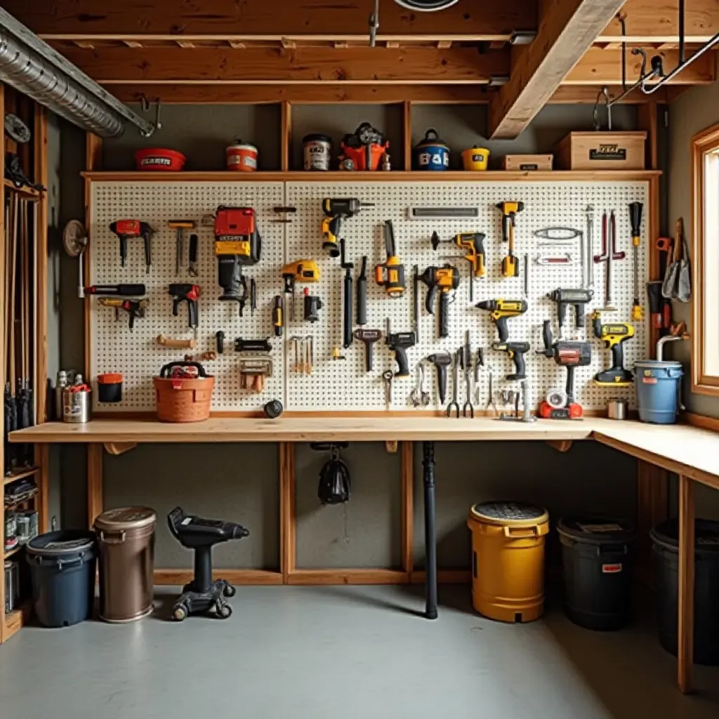 a photo of a basement with a pegboard for organized tools