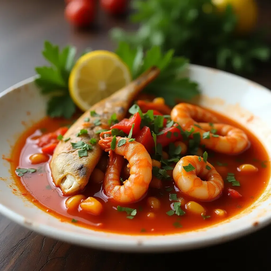 a photo of Veracruz-style seafood soup, fresh fish, shrimp, tomatoes, herbs, coastal ambiance.