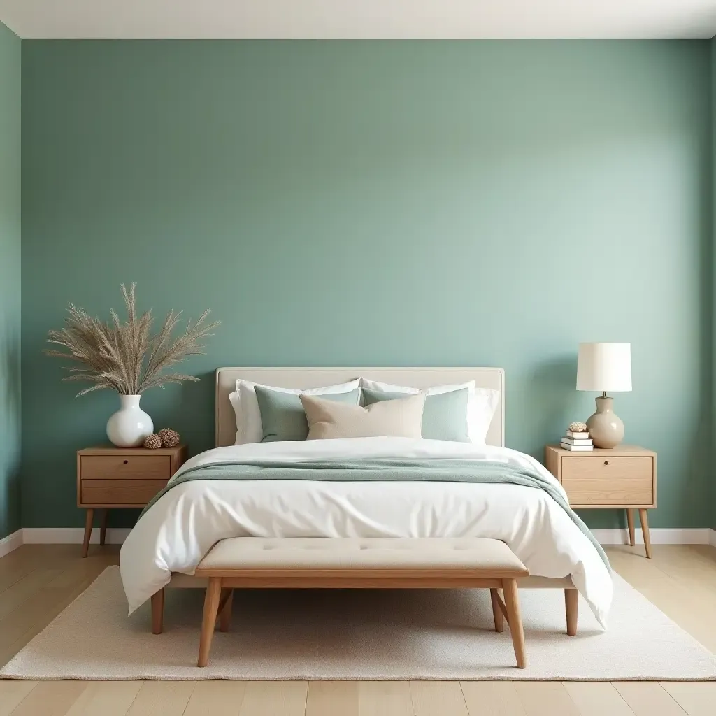 a photo of a tranquil teal and sandy beige bedroom with beach vibes