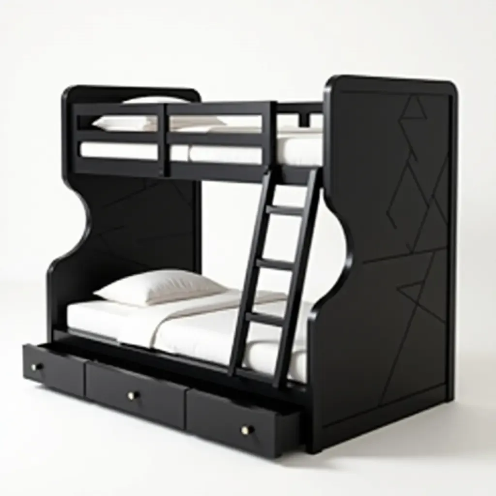 a photo of a sleek black bunk bed with geometric patterns