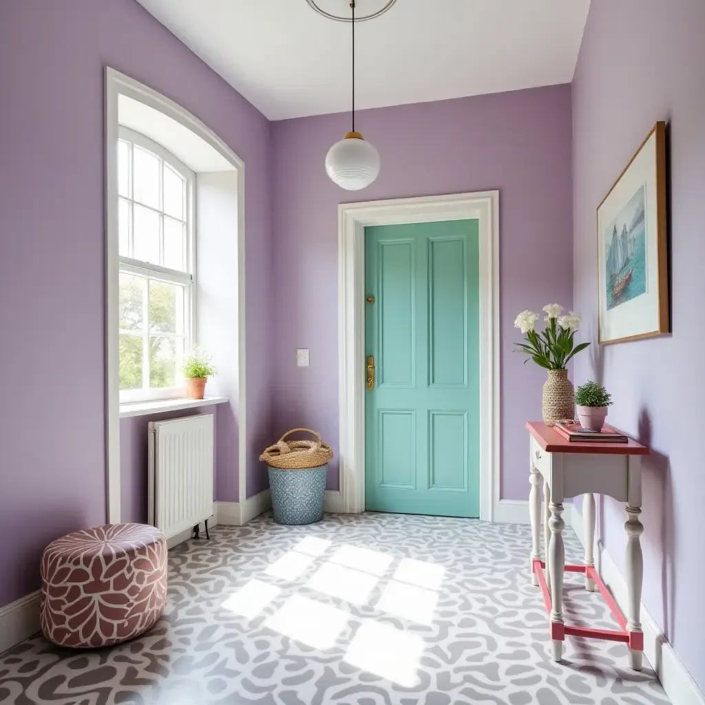 a photo of a whimsical lavender and mint entrance hall with playful patterns