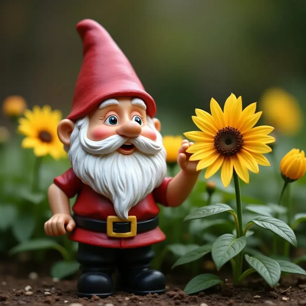 a photo of a playful garden gnome scene with flowers