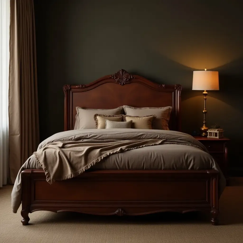 a photo of a vintage wooden bed frame with rich, dark bedding