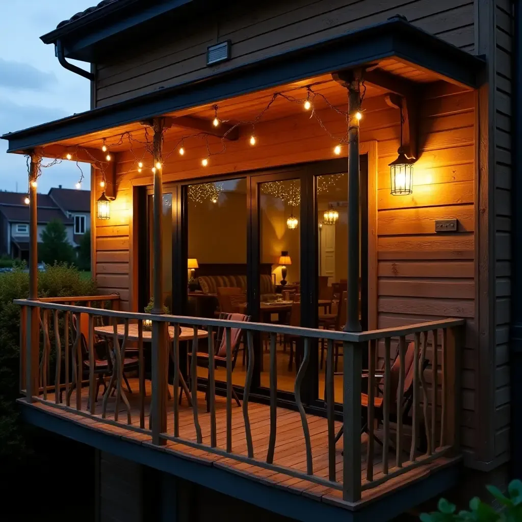 a photo of a balcony with reclaimed wood accents and fairy lights