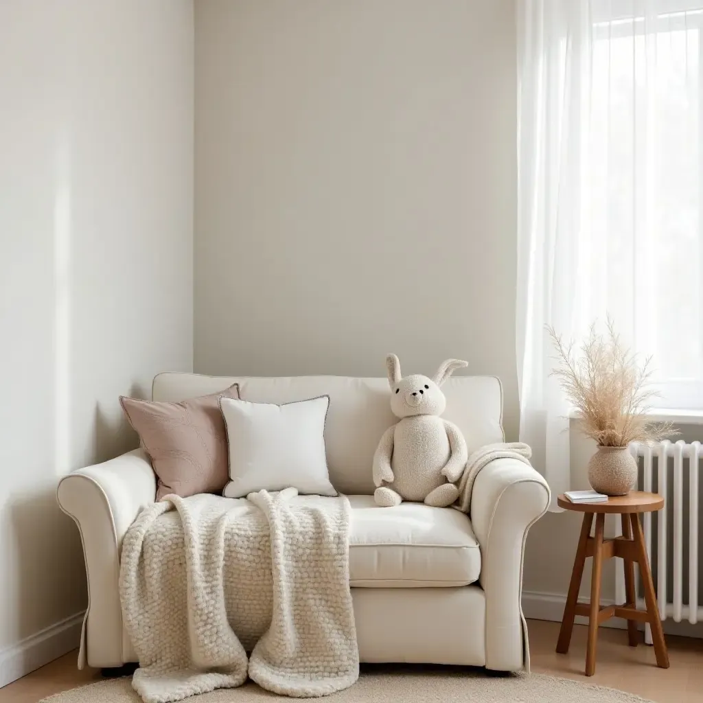 a photo of a cozy reading nook with a soft throw blanket in a nursery