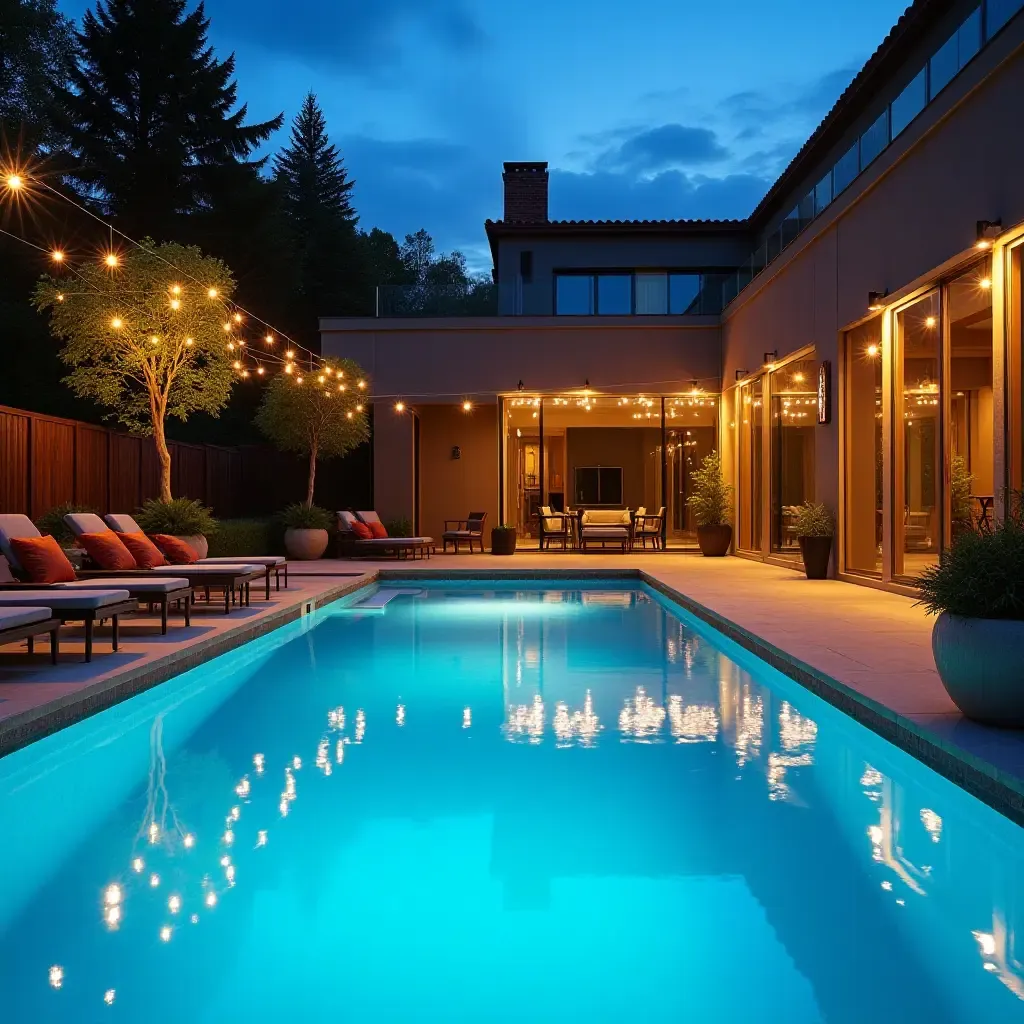 a photo of a vibrant outdoor pool with artistic pendant lights