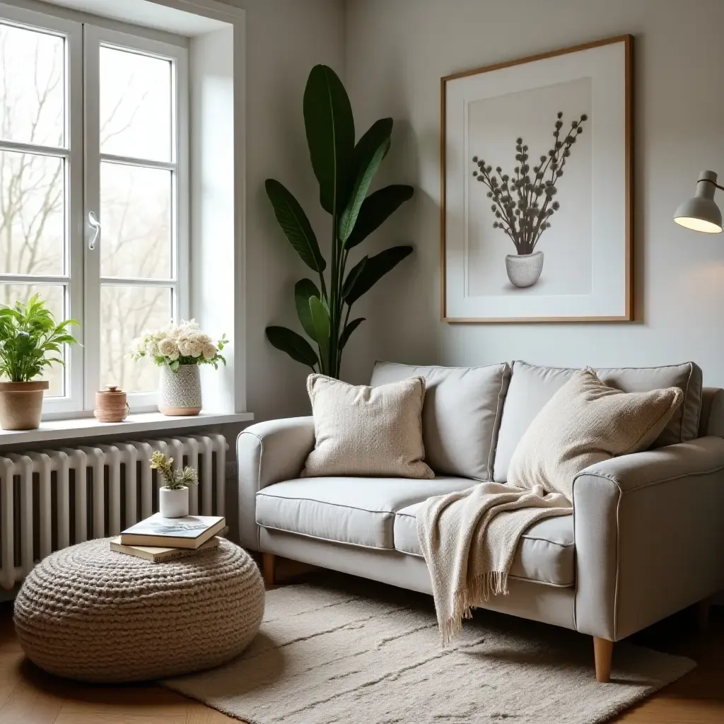 a photo of a cozy reading nook with Scandinavian decor and greenery