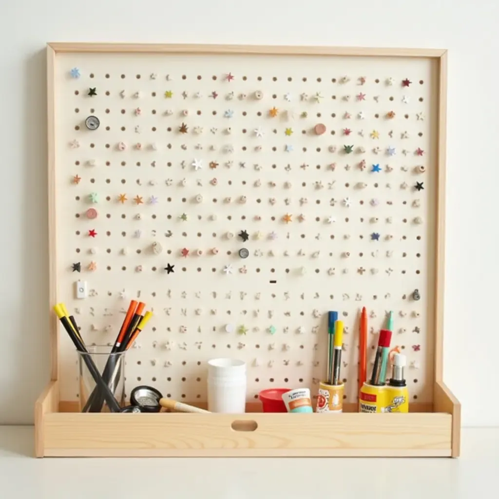 a photo of a fun and functional pegboard for kids&#x27; art supplies