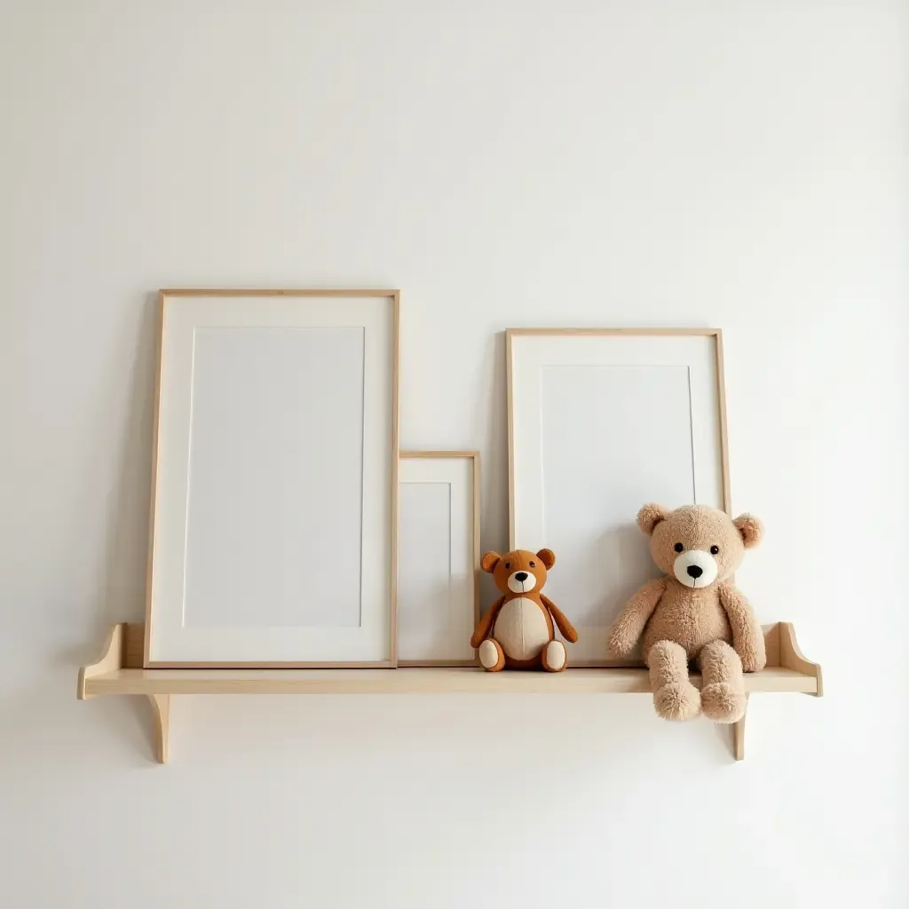 a photo of a nursery shelf decorated with framed artwork and plush toys