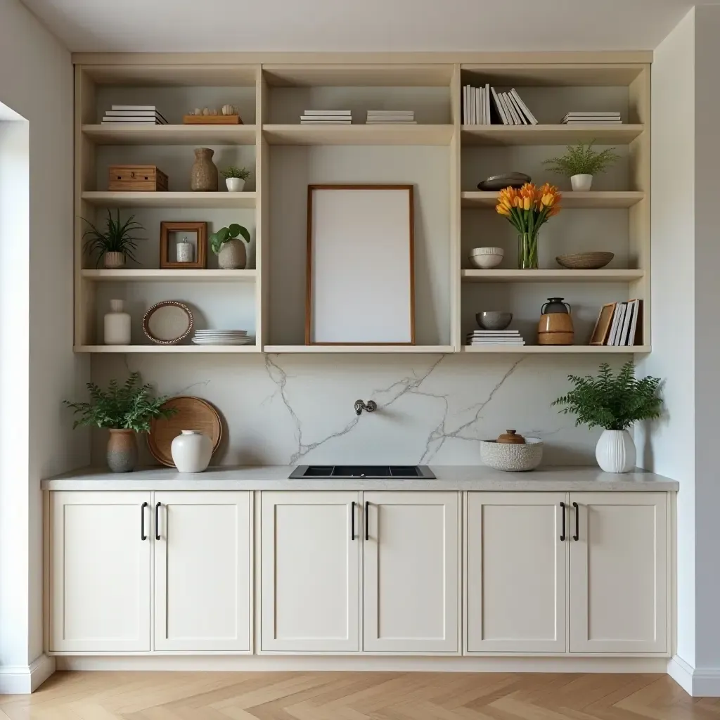 a photo of open shelving featuring a blend of modern and vintage decor