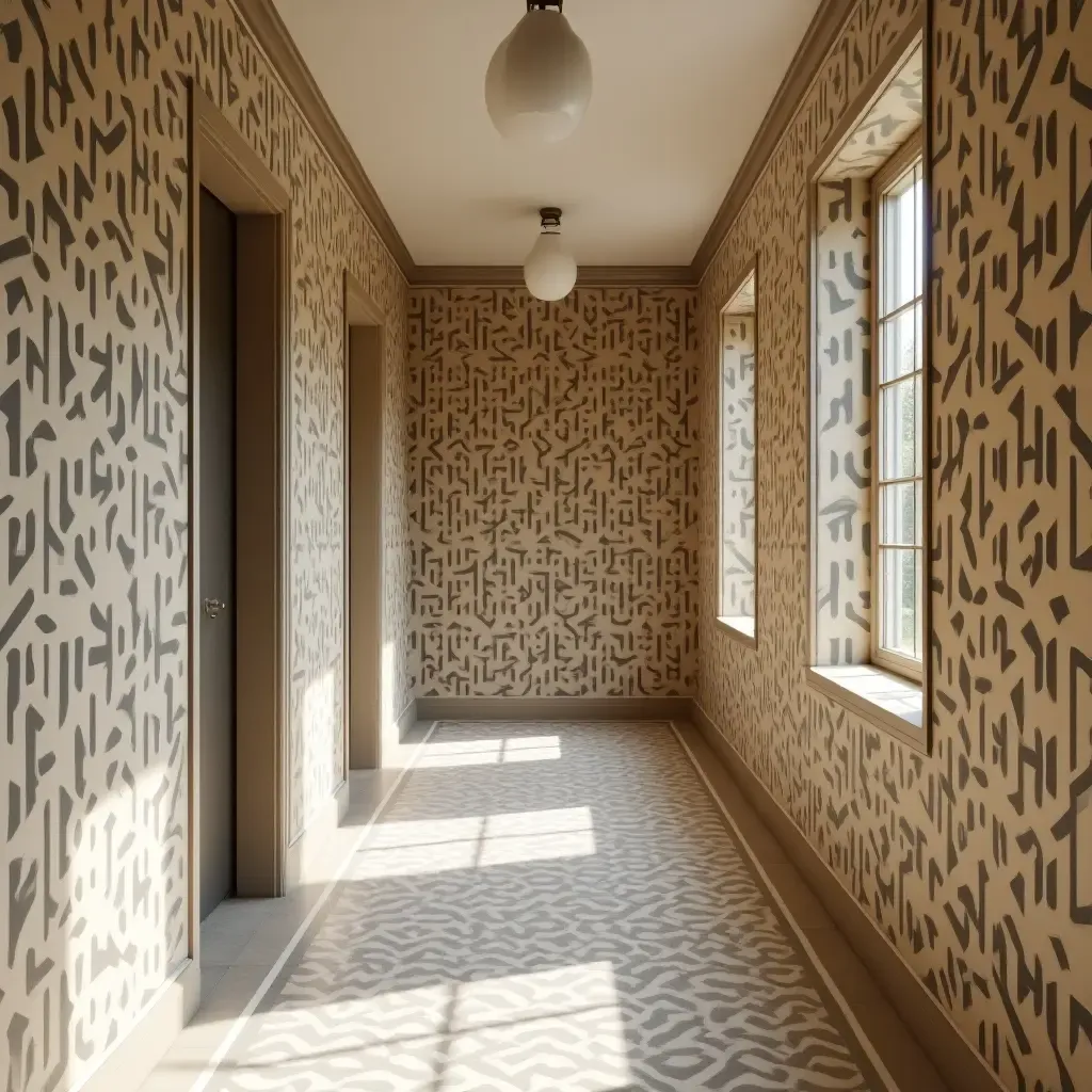 a photo of a corridor with a unique patterned wallpaper