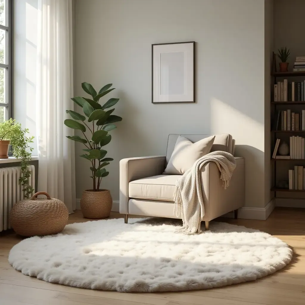 a photo of a soft, inviting rug in a comfortable reading corner