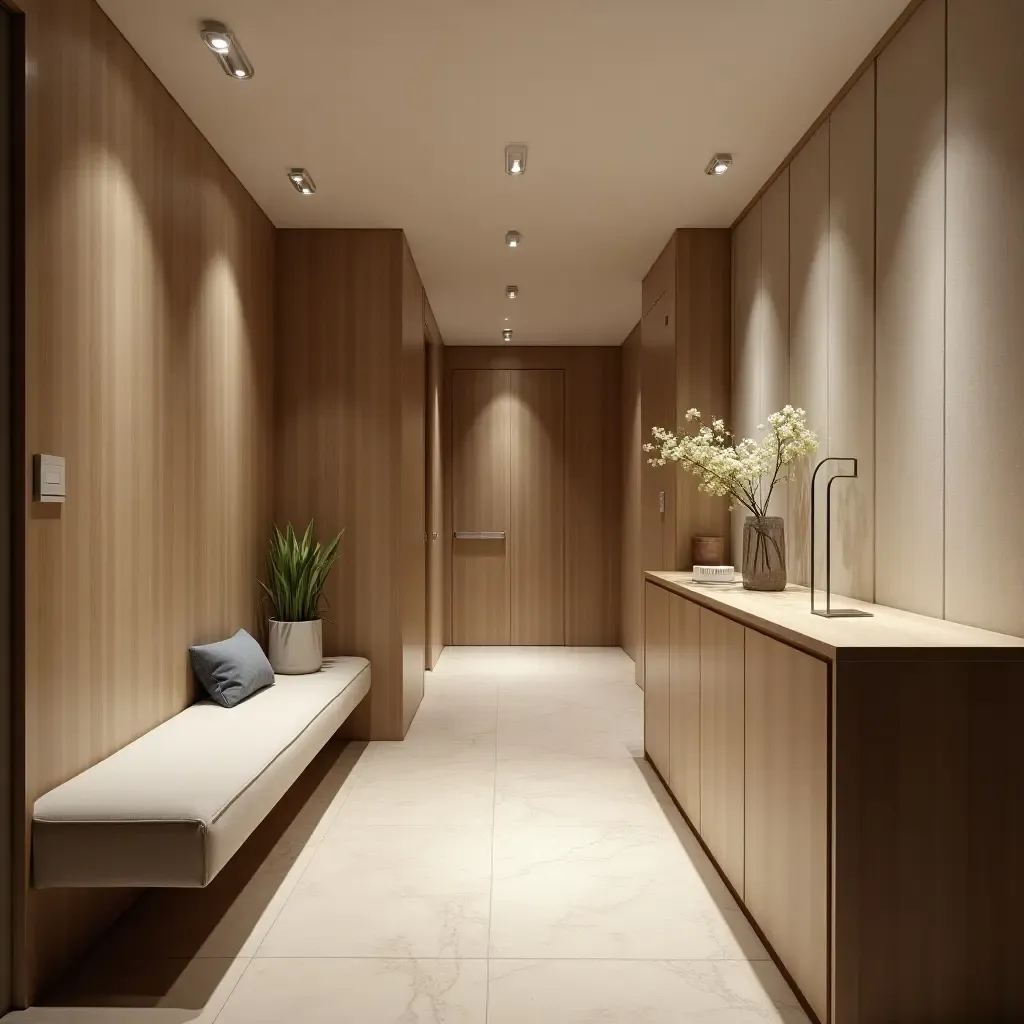 a photo of a narrow corridor showcasing multi-functional furniture