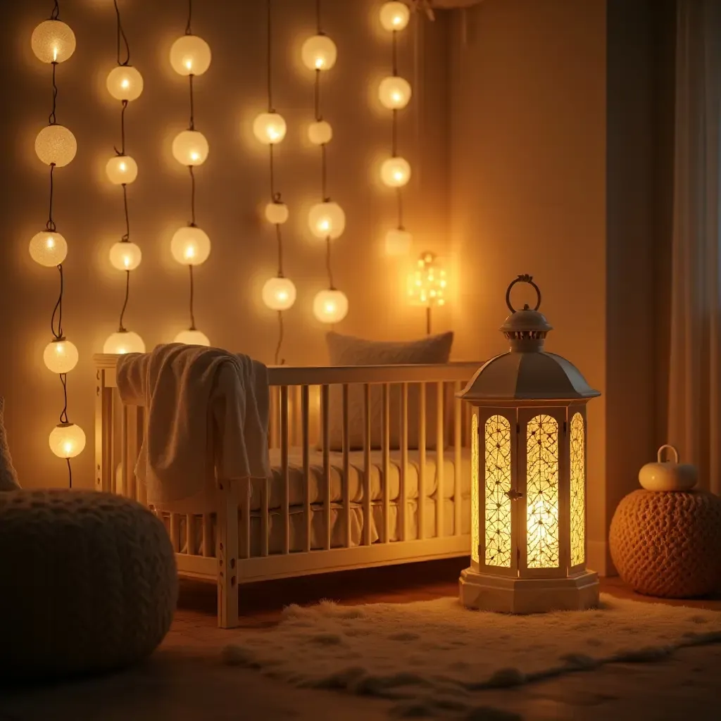 a photo of a nursery with charming lanterns and warm ambient lighting