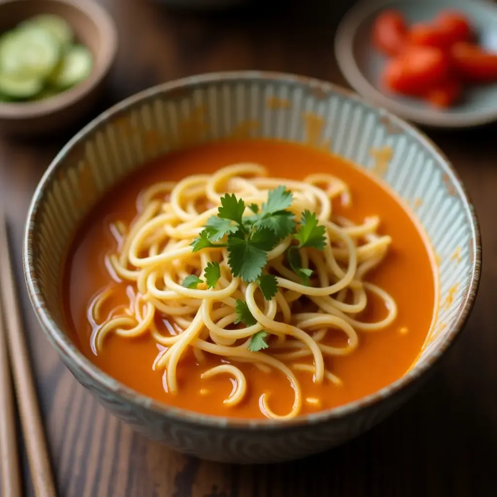 a photo of Khao Soi, Northern Thai curry noodle soup with crispy noodles, rich and aromatic.