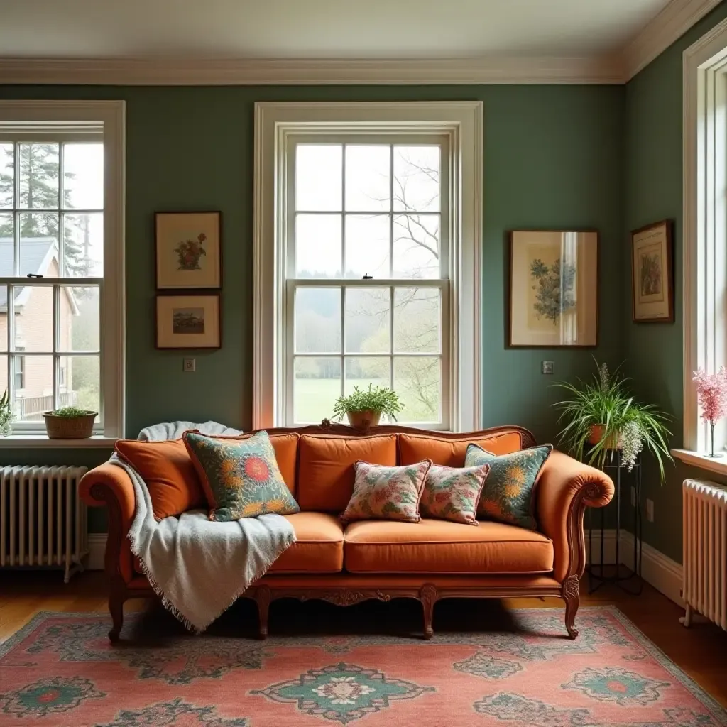 a photo of a vintage-inspired living room with retro throw pillows on an antique sofa