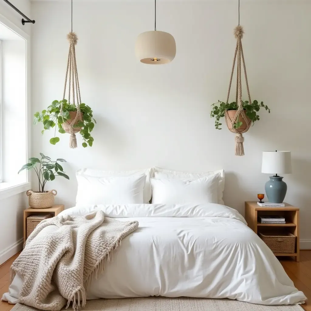 a photo of a bohemian-style bedroom with macramé plant hangers