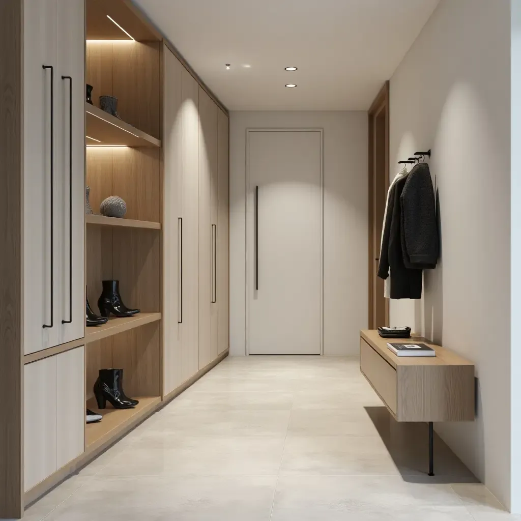 a photo of a modern corridor featuring a sleek shoe rack and hanging hooks