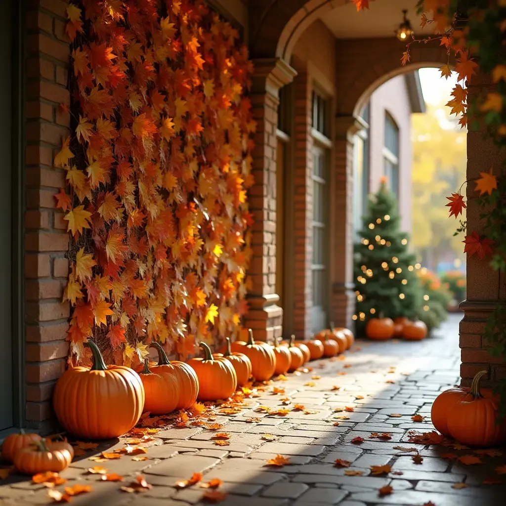 a photo of a seasonal garden wall with autumn leaves and pumpkins in a hallway