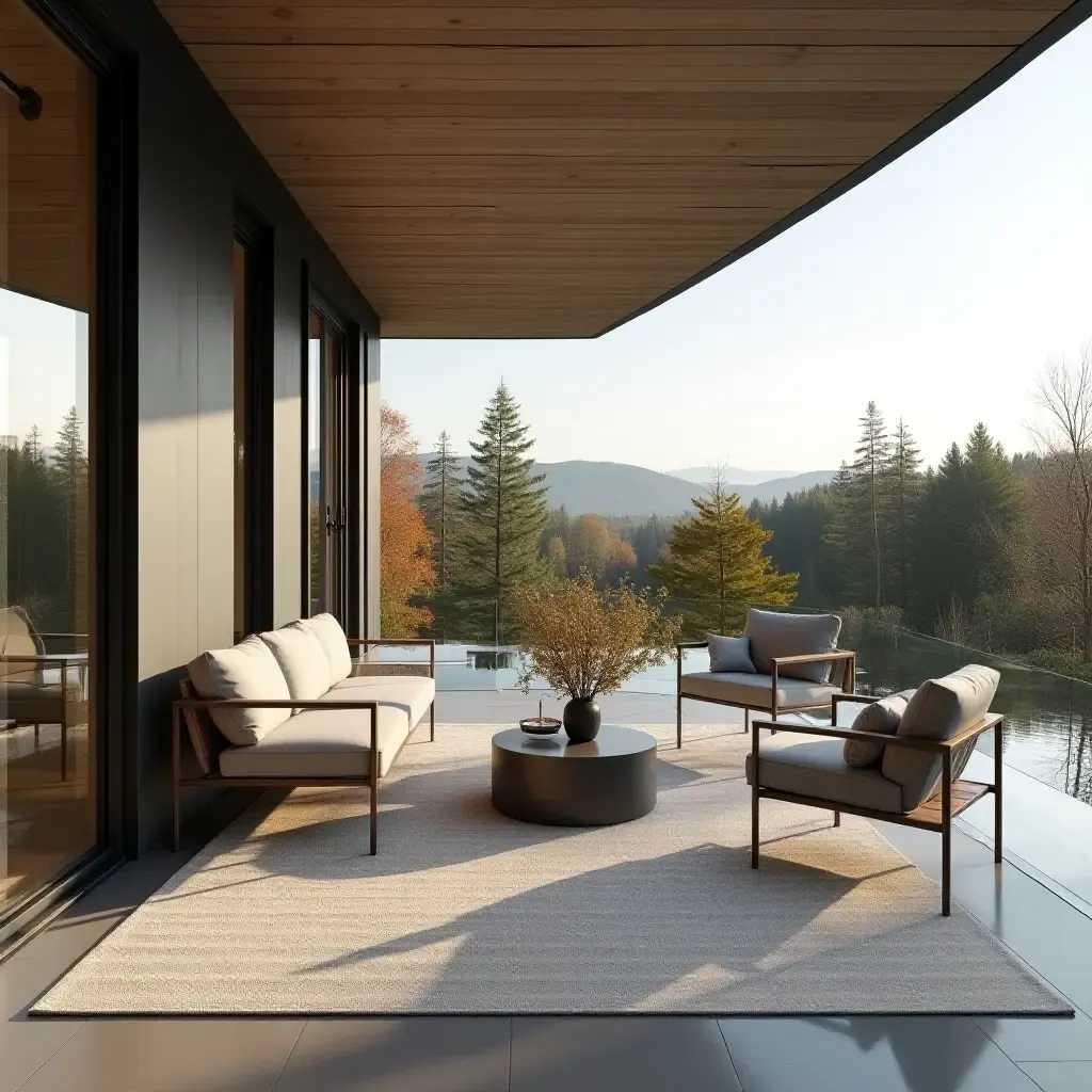 a photo of a modern Scandinavian balcony with sleek furniture and a view of nature