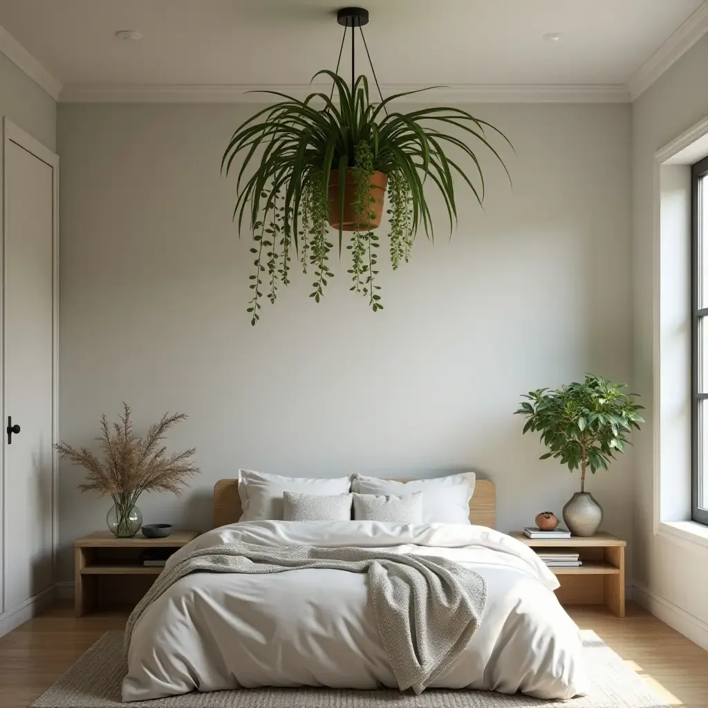 a photo of a bedroom with a unique plant chandelier for overhead decor